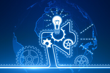 Poster - Creative digital marketing hologram on blue backdrop. Promotion and alert concept. 3D Rendering.
