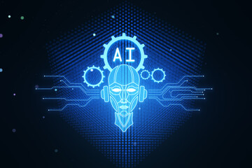 Poster - Glowing robot head and icons on dark blurry background. Chat GPT, machine learning and AI concept. 3D Rendering.