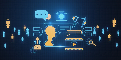 Poster - Creative digital marketing hologram on blue background. Promotion, chat gpt and alert concept. 3D Rendering.