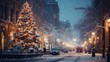 Snow-covered city street, illuminated Christmas tree, pedestrians walking, buildings and cars. Winter holiday atmosphere.