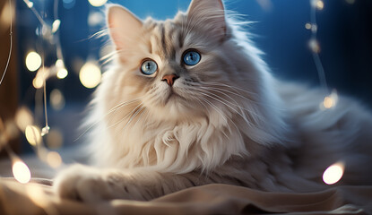 Wall Mural - Beautiful cat with blue eyes on blurred background with garland lights. 