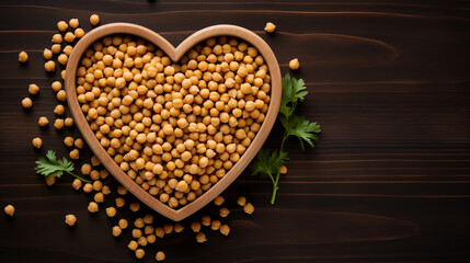 Chickpeas in a bowl in the shape of a heart on a wooden background.