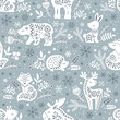 Vector seamless pattern. White ornate silhouettes of forest animals deer, bear, elk, fox, hare, squirrel, hedgehog among flowers on a gray background