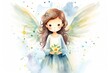 Winged girl with long wavy hair adorned with white flowers. Dreams and imagination.