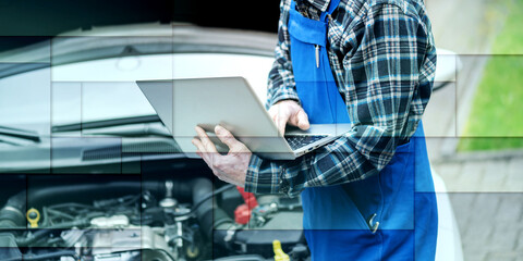 Wall Mural - Mechanic using laptop for checking car engine, geometric pattern