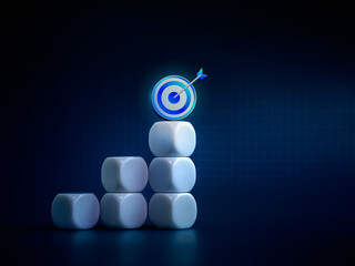 3d target icon on white blocks business chart steps on blue background with line graph table. The business growth graph process, goal, success, and economic improvement and data analysis concepts.