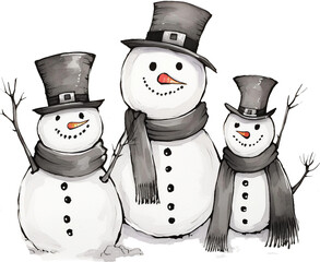 Wall Mural - Black and White Trio of Snowmen, Isolated on Clear Background