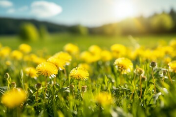 Wall Mural - Green field with yellow dandelions. Closeup of yellow spring flowers on the ground. generative ai.