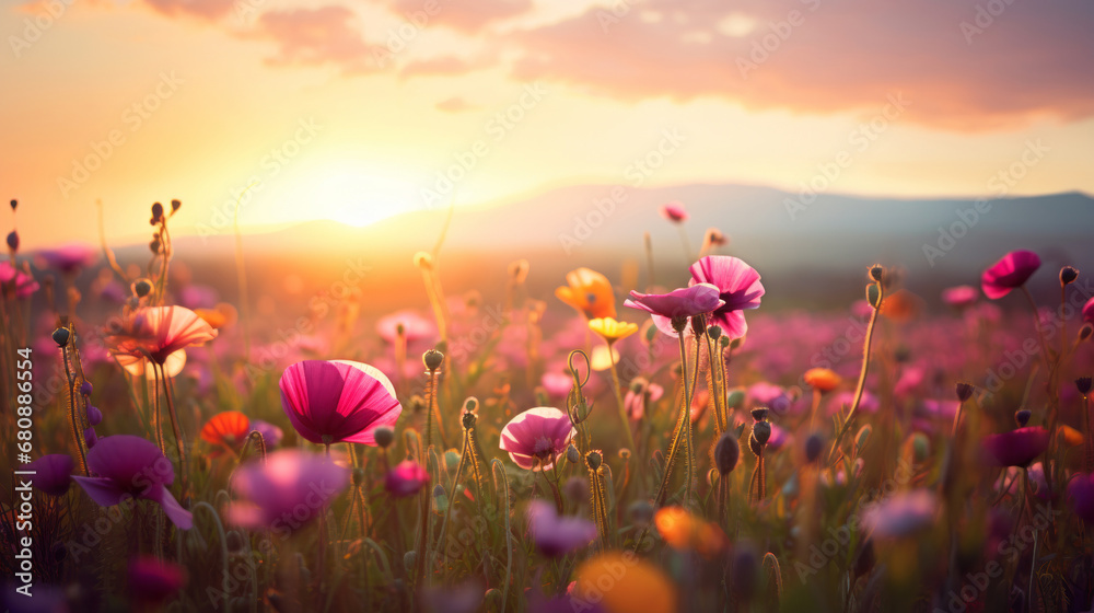Field full of autumn flowers at sunrise Stock Photo | Adobe Stock
