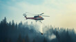 Fire fighting helicopter carry water bucket over the forest