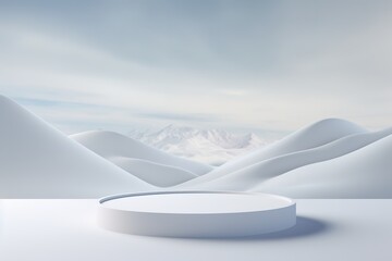 Poster - Round snow podium in the middle of a snowy landscape. The podium is surrounded by tall, green trees covered in a thick layer of snow.