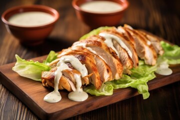 Wall Mural - alabama chicken placed on crisp lettuce, served with white bbq sauce