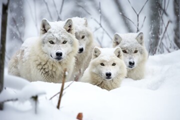 Wall Mural - pack of arctic wolves in a snowstorm