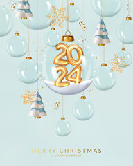 Wall Mural - Happy New Year 2024. Christmas and New Year greeting card with balls, golden realistic metallic numbers with christmas trees, ribbon and confetti.