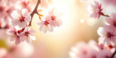 Poster - Beautiful spring bright natural background with soft pink sakura flowers close-up.