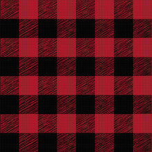 Check Plaid Seamless Pattern, Diagonal Gingham In Black And Red (Maroon), Lumberjack Tartan Vector Pixel Textured