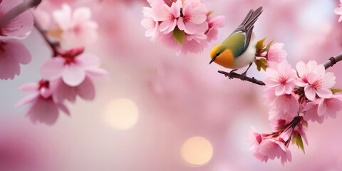 Poster - Beautiful spring bright natural background with soft pink sakura flowers and a bird.