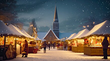 People Visiting Christmas Advent Market In Small Town At Winter Weather. Postproducted Generative AI Illustration.