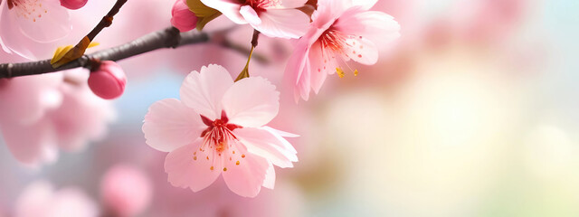 Poster - Beautiful spring bright natural background with soft pink sakura flowers close-up.
