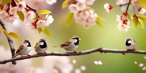 Poster - Beautiful spring bright natural background with delicate cherry flowers and sparrows.