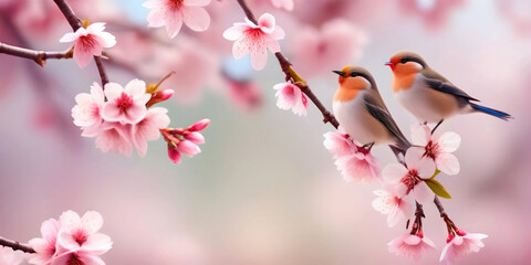 Poster - Beautiful spring bright natural background with soft pink sakura flowers and birds.