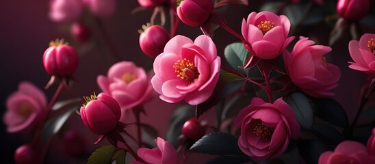 Fototapete - Beautiful bouquet of dark pink rosehip flowers on a burgundy background.