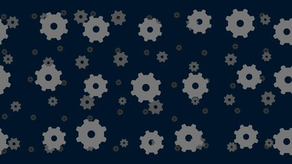Poster - Gear symbols float horizontally from left to right. Parallax fly effect. Floating symbols are located randomly. Seamless looped 4k animation on dark blue background