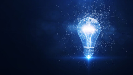 Poster - Electric light bulb bright polygonal connections on a dark blue background. Technology concept innovation artificial intelligence brainstorming business success.