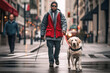 A blind person and their trusted guide dog cross a bustling street, highlighting the remarkable assistance and safety provided by these dedicated animal companions.