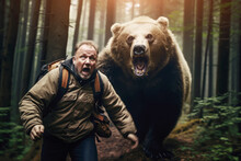 A Backpacker Hurriedly Running Away From A Bear In A Survival Situation, Underscoring The Dangers Of Wildlife Encounters In The Wilderness.