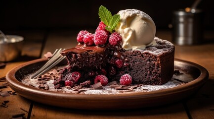 Swedish dessert Kladdkaka on the plate. Generative AI