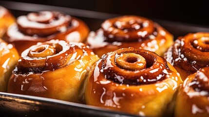 Freshly baked cinnamon buns with frosting. Generative AI