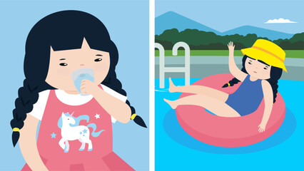 Poster - Girl drinking water and lying on an inflatable circle in the pool. Vector illustration