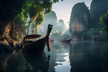 boat on a lake surrounded by mountains and trees with a blue sky above.