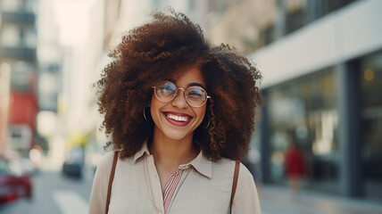 Poster - portrait of young african american woman in eyeglasses smiling at camera