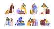 © Good Studio - People travel with suitcases. Passenger characters going, carrying luggage, packing baggage, waiting for trip. Tourists with wheeled bags set. Flat vector illustrations isolated on white background