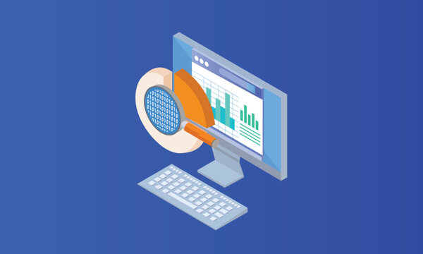 Isometric financial data analysis and business growth with pie chart and bar graph on computer screen with magnifying glass.on blue background.3D design.isometric vector design.