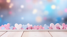Empty Wooden Table Over Blurred Hearts Pink And Blue  Background. Valentine's Day, Product Display 