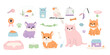 Pets and supplies big collection. Cute cat, dog, hamster, budgie, fish in bowl. Rope toys, puppy couch, kitten feeder with food, parrot cage icon, bone, house element. Vector illustrations set.