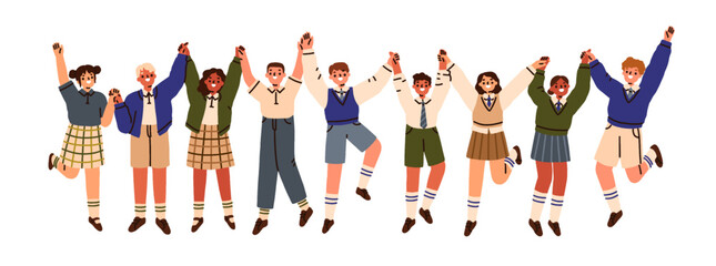 Poster - Happy school students, boys and girls group jumping up, holding hands. Excited children classmates, kids team in uniform. Pupils friends together. Flat vector illustration isolated on white background