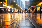 Fototapeta Londyn - cityscape exudes post-rain shower ambiance, with shimmering pavement capturing tales of countless footsteps and vibrant pulse of city living