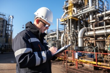 Wall Mural - photograph of An engineer looks at a manual, diagrams, and information on a tablet for laying an Industrial gas pipeline. in petrochemical plant.