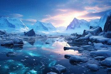 photograph of Arctic landscape with blue starry sky, water, ice, snowy rocks, milky way. Space and galaxy