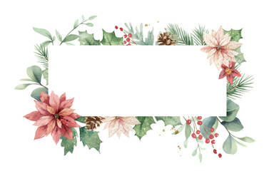 Wall Mural - Watercolor vector Christmas floral frame illustration. Hand painted poinsettia flowers, pine tree branches, red berries. Perfect for wedding invitations, holiday card, stationery, decoration.