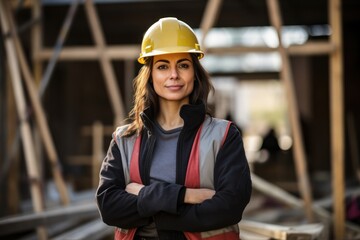 A beautiful woman worker wearing a hat to prevent accidents, standing with her arms crossed, confident in the construction contract, housework