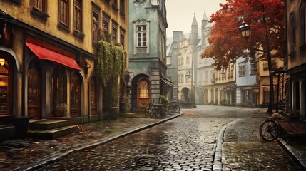 Wall Mural - nostalgic walk through cobblestone streets, copy space, 16:9