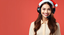 Young Smiling Woman Call Center Operator In Santa Christmas Hat Isolated On Flat Background With Copy Space, Banner Template For Support Service Work Schedule In New Year Holidays.