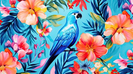 Wall Mural - The tropical bird pattern has colorful flowers and bird illustrations