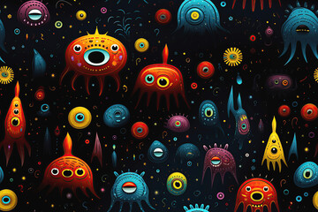 Wall Mural - seamless pattern texture with funny cartoon characters colorful aliens in space on a black backgroun