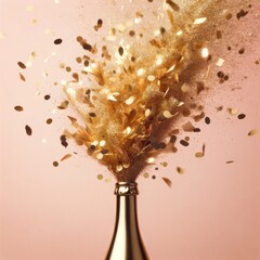 Celebration concept with champagne bottle and gold glitter explosion on a pink background